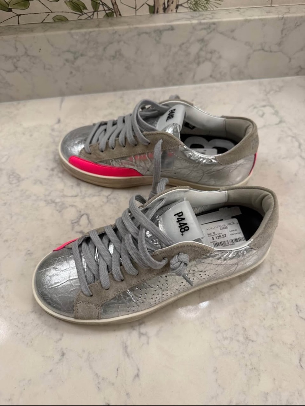 P448 Silver Metallic Sneakers with Neon Pink Accent
